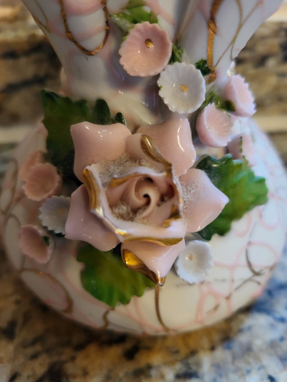 Lefton Porcelain Heavily Crimped  Pink Floral Accent Vase with Gold Trim - Picture 15 of 16